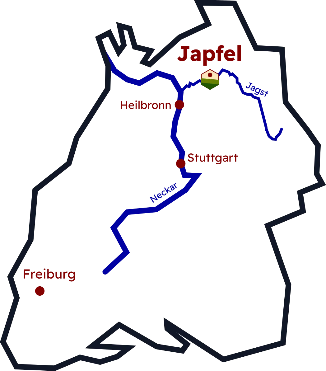 Karte von Baden-Württemberg mit Standort von Japfel im Jagsttal